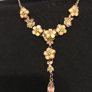Necklace Small Peach Flowers w/ Rhinestone Accents